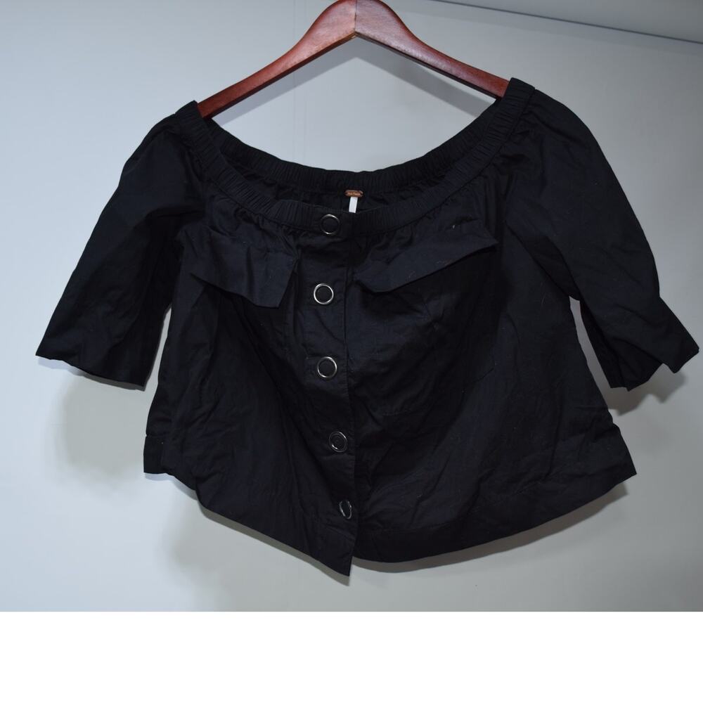 Free People XS Black Cotton Off Shoulder Button Front Cropped Blouse